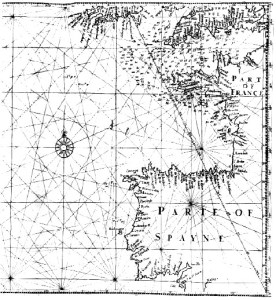 Mapa de Edward Wright "para navegar a las Islas de Azores" (C 1595), cubierto por las líneas de rumbo ( loxodrome) (Fuente)